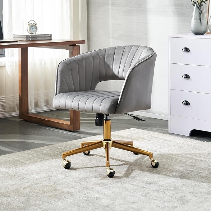 Vanity Chair with Back 360 Swivel Armchair and Gold Base, Criss Cross Chair with Wheels for Vanity Home Office, Living Room, Bedroom and Study (Grey)