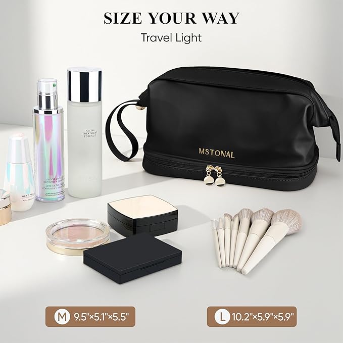 Travel Makeup Bag, Large Capacity Double Layer Cosmetic Bags for Women, Waterproof Portable Make Up Skincare Pouch with Makeup Brush Organizer, Toiletry Bag for Essentials, Black