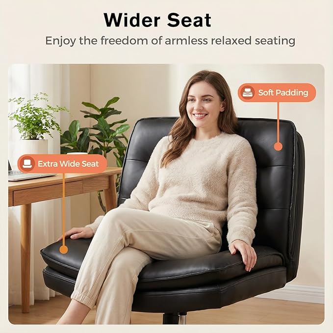 GTPLAYER Cross Legged Office Chair, Armless Desk Chair Cute Vanity Chair with Wheels Computer Chair Comfy Wide Office Chair Adjustable Swivel for Home Computer Task, Pu Light Black