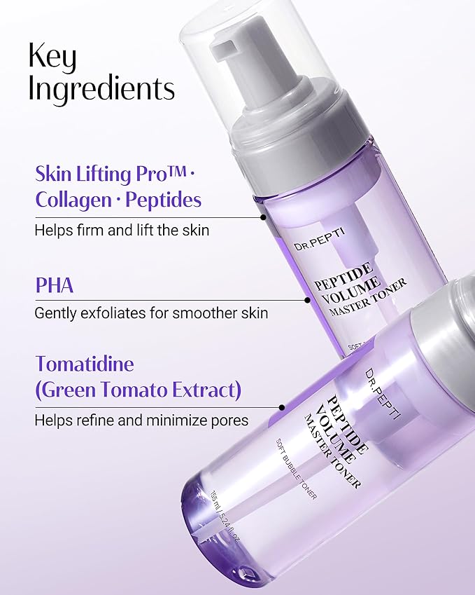 DR.PEPTI Korean Peptide Volume Master Toner for Face - 12 Peptides Bubble Formula Pore Refining Elasticity Hydrating Facial Toner with Hyaluronic Acid Collagen Centella for All Skin Types, 5.24 fl.oz.