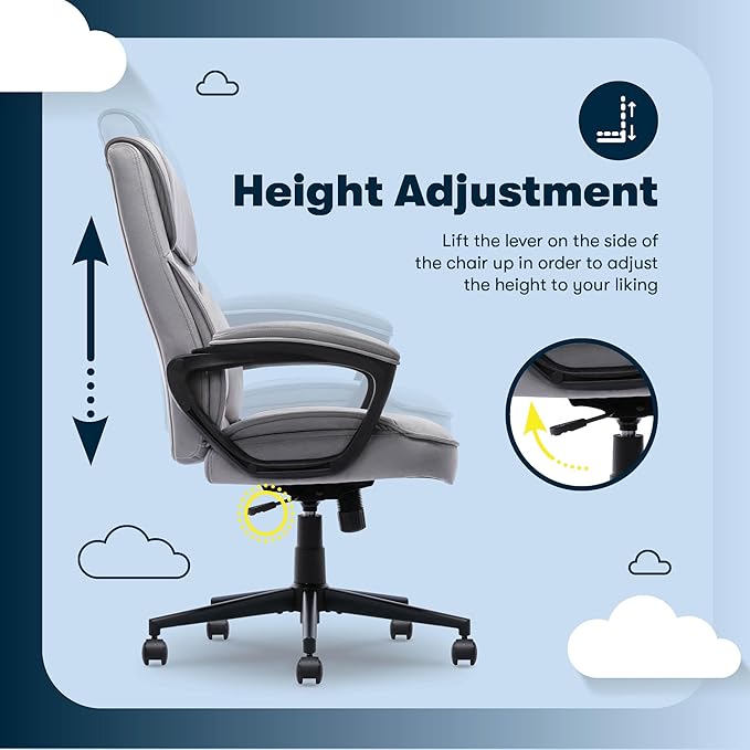 Serta Comfort Classic Executive Office Chair, Ergonomic Mid-Back Computer DeskChair with Lumbar Support, Semi-Plush Cushion and Body Pillows, Padded Armrests, Swivel Base, Gray Velvet Fabric