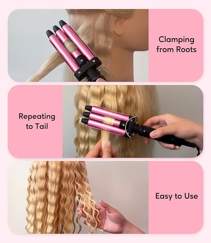 Mini Crimper for Short Hair 1/2 Inch, Small Crimper Hair Tool for Tight Beach Waves, 3 Barrel Waver with Argan Oil Infused, Easy to Use