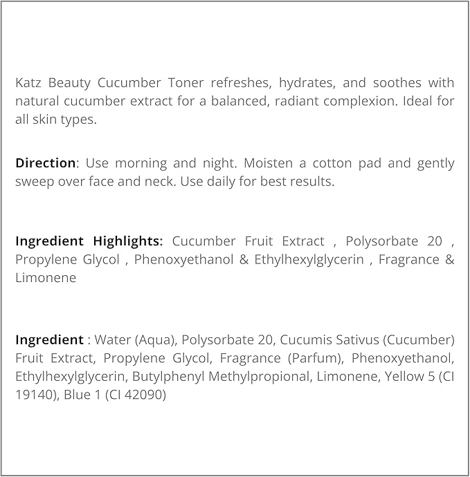 Katz Beauty Cucumber Toner with Natural Cucumber Fruit Extract, 140 ml (5 oz) - Hydrating, Soothing Facial Mist for All Skin Types