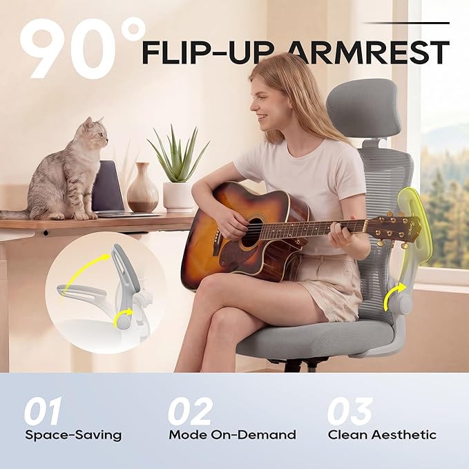 Ergonomic Office Chair, High Back Mesh Desk Chair with Adjustable Lumbar Support & Headrest, Flip-up Armrest, Computer Task Chairs for Home and Executive Office (G-Grey)