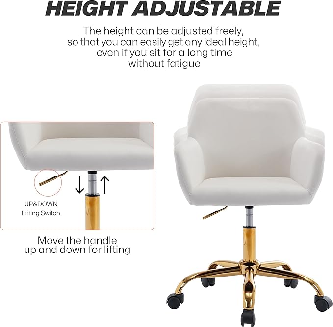 KCC Velvet Office Desk Chair, Comfy Swivel Modern Leisure Armchair with Wheels, Upholstered Comfy Velvet Fabric Makeup Chair Height Adjustable for Teens Women Girls Elegant Home Office, White