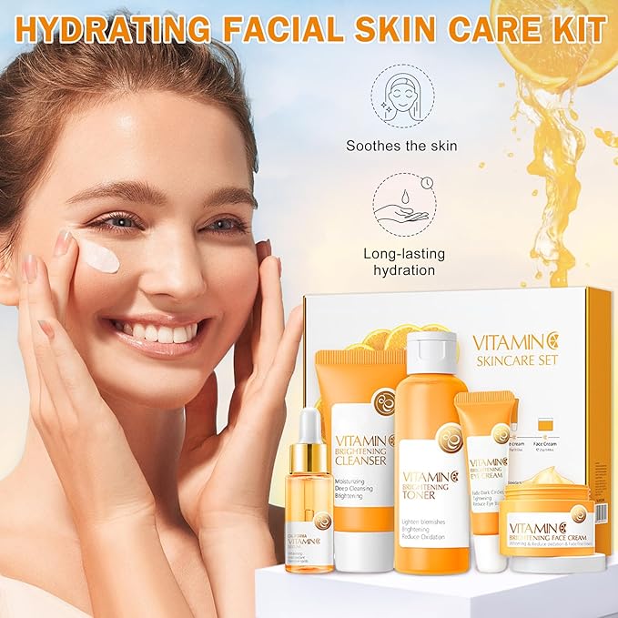 5PCS Vitamin C Skin Care Set for Teenage Girls Face Hydrating Skincare Gift Set for Women Travel Size Skin Care Kit with Cleanser, Toner, Face Serum, Eye Cream, Face Cream