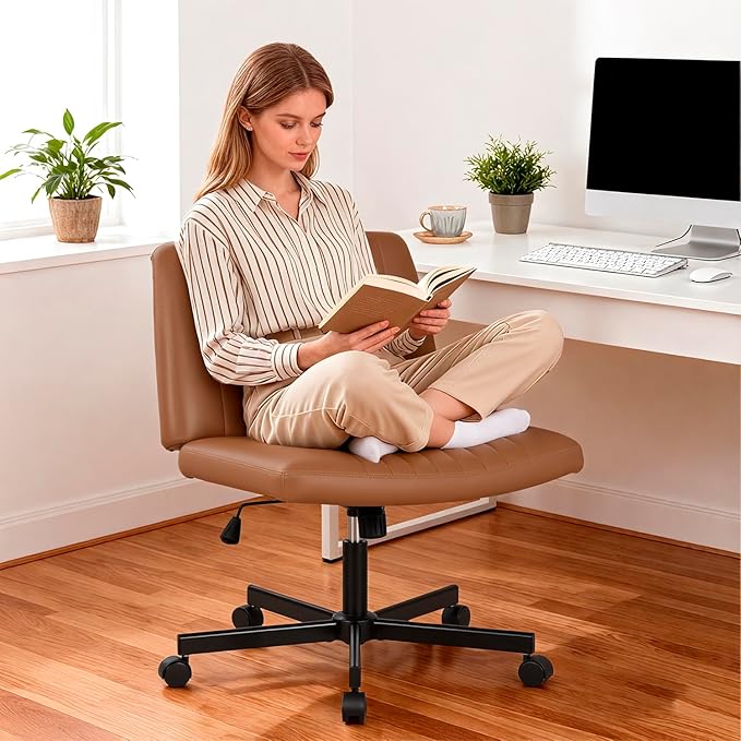 PayLessHere Criss Cross Chair Wide, Armless Office Desk Chair,Backrest Vanity Chair with Wheels 360 Swivel, Height Adjustable for Home Office, Home Office Brown