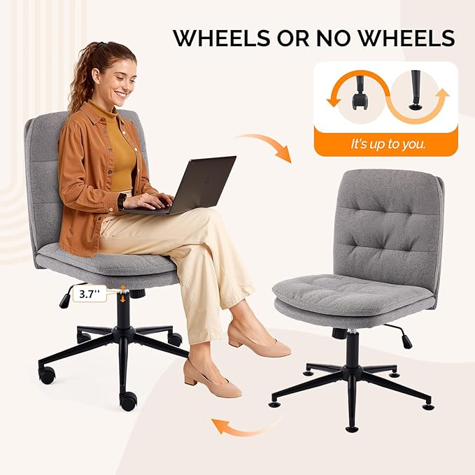 VINGLI Mid Back Armless Office Desk Chair with Wheels/no Wheels,360°Rocking Swivel Vanity Chair with Thickened Cushion,Adjustable Height Rolling for Reading Room, Make up, Linen Dark Grey