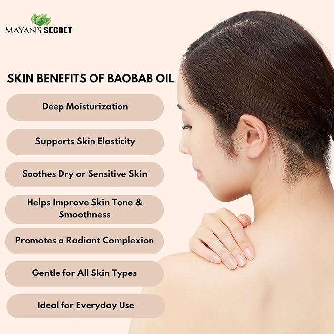 Mayan’s Secret Virgin Organic Baobab Oil Cold Pressed Unrefined for Skin Hair and Massage 4 fl oz