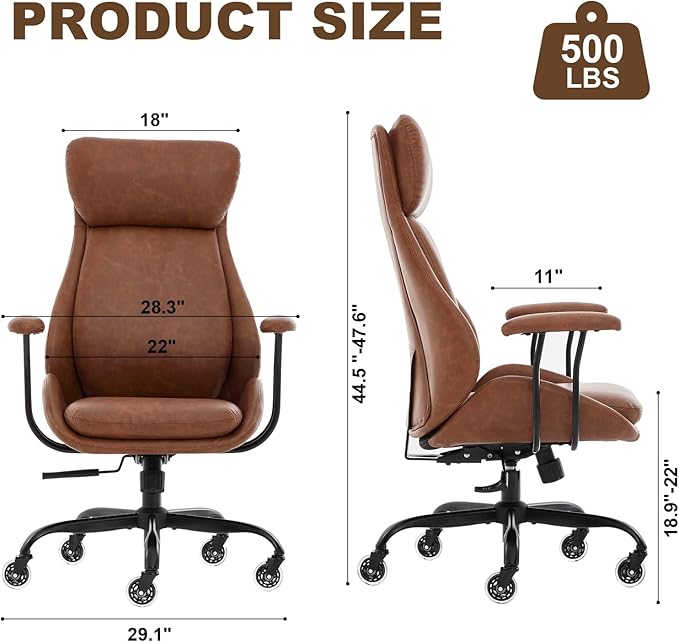 Office Chair, Leather Desk Chair with Rubber Wheels, Ergonomic Computer Chair 500 LBS with Lumbar Support, High Back Executive Chair for Modern Home Office, Brown