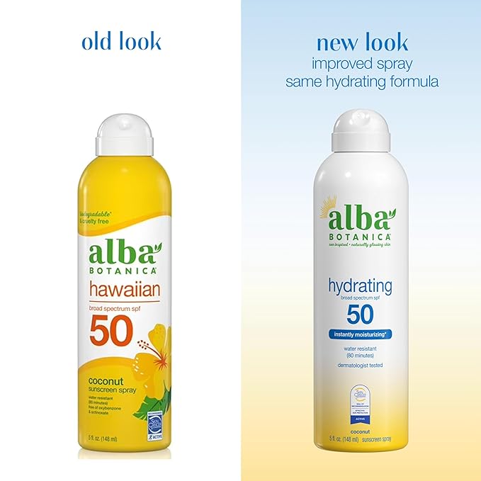 Alba Botanica Sunscreen Spray for Face and Body, Broad Spectrum SPF 50 Sunscreen, Hawaiian Coconut, Water Resistant and Biodegradable, 5 fl. oz. Bottle