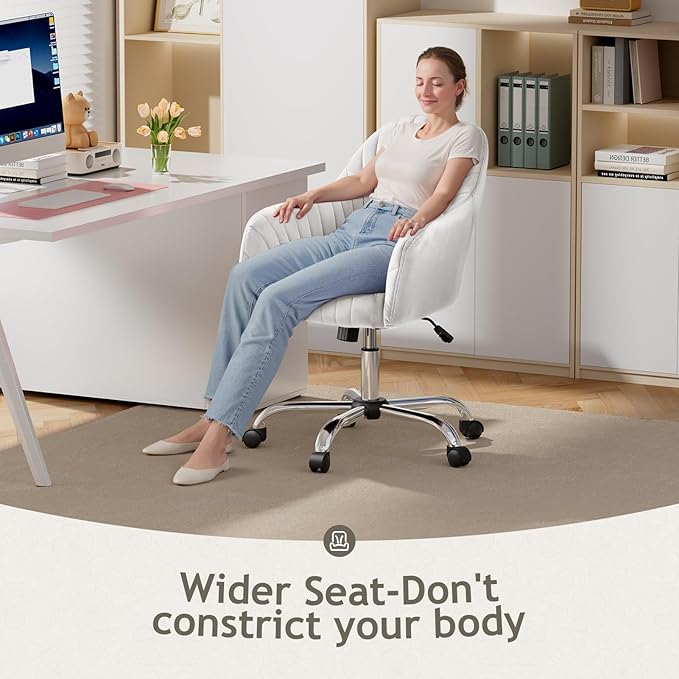 Warmiehomy Velvet Desk Chair for Home Office, Modern Adjustable Swivel Task Chair, Women Vanity Chairs with Arm Rest for Bedroom Dressing Room, White