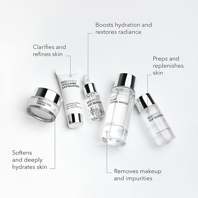 BIOEFFECT On-the-Go EGF Skincare Set | Age-Defying TRAVEL KIT with Growth Factor Serum, Hydrating Cream, Essence Toner, Micellar Cleanser & Volcanic Exfoliator