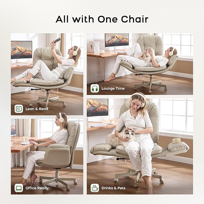 Criss Cross Chair with Armrests & Wheels for Cross-Legged Sitting, Comfortable Adjustable Swivel Office Desk Chair –PU Leather Vanity Chair for Home, Makeup and Bedroom (Cream)