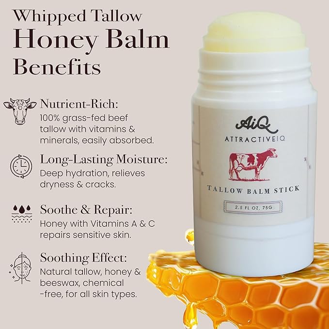 Beef Tallow Moisturizer for Skin – New Zealand Grass Fed Tallow Balm Stick with Vitamin E, Raw Honey & Olive Oil – Natural Face & Body Moisturizer for Dry, Sensitive Skin 2.5oz