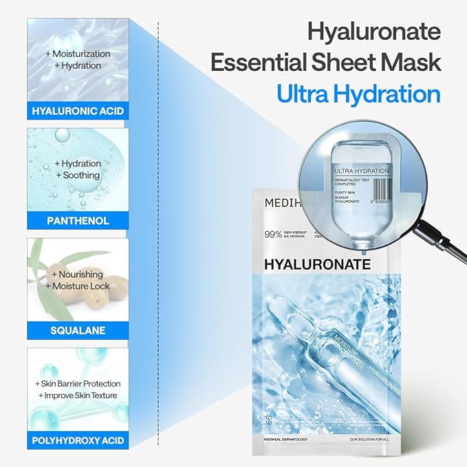 Mediheal Essential Face Mask [Hyaluronic Acid] Ultra Hydration 10 pcs. with 98% Purity Hyaluronic Acid for long-lasting, deep hydration, Moisture Barrier - Travel Size, Vegan Formula Korean Sheet Mask