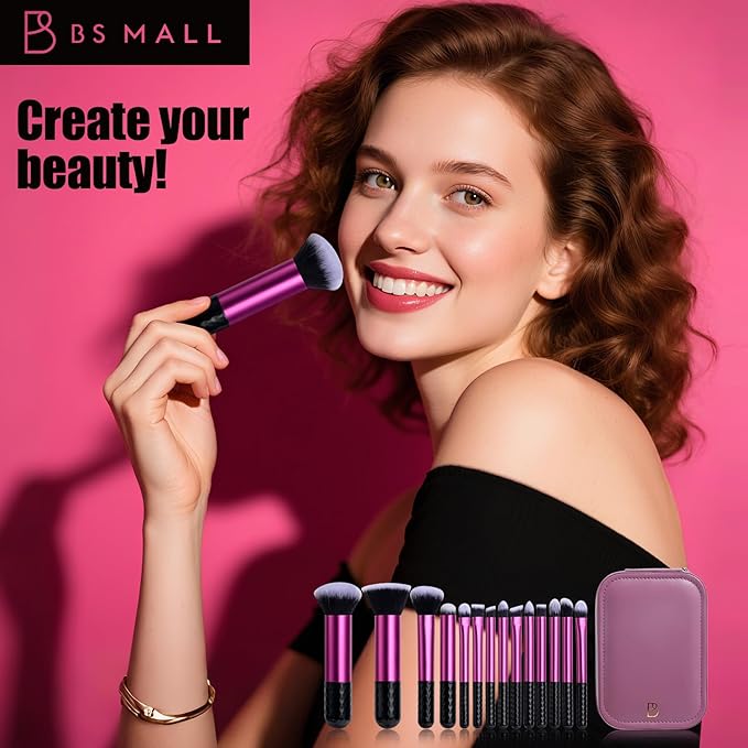 BS-MALL Makeup Brushes Set 14 Pcs with LED Light Mirror – Premium Cosmetic Tools for Flawless Beauty Routines (Purple)