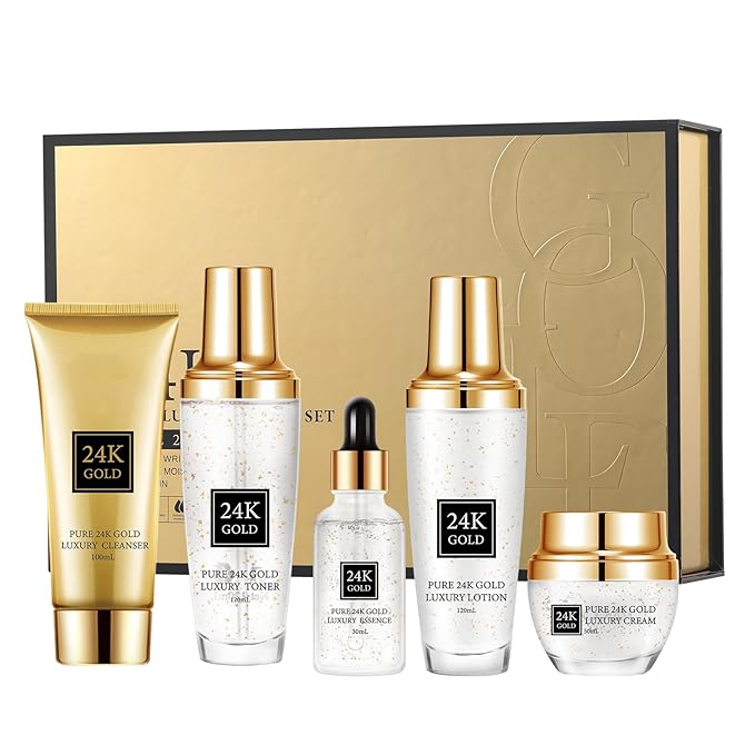24K Gold Skincare Set 5 Piece,Moisturizing Face Skin Care Kit with Facial Cleanser,Face Serum,Face Cream,Face Lotion,Face Toner,24K Women Skincare Set For All Skin Types
