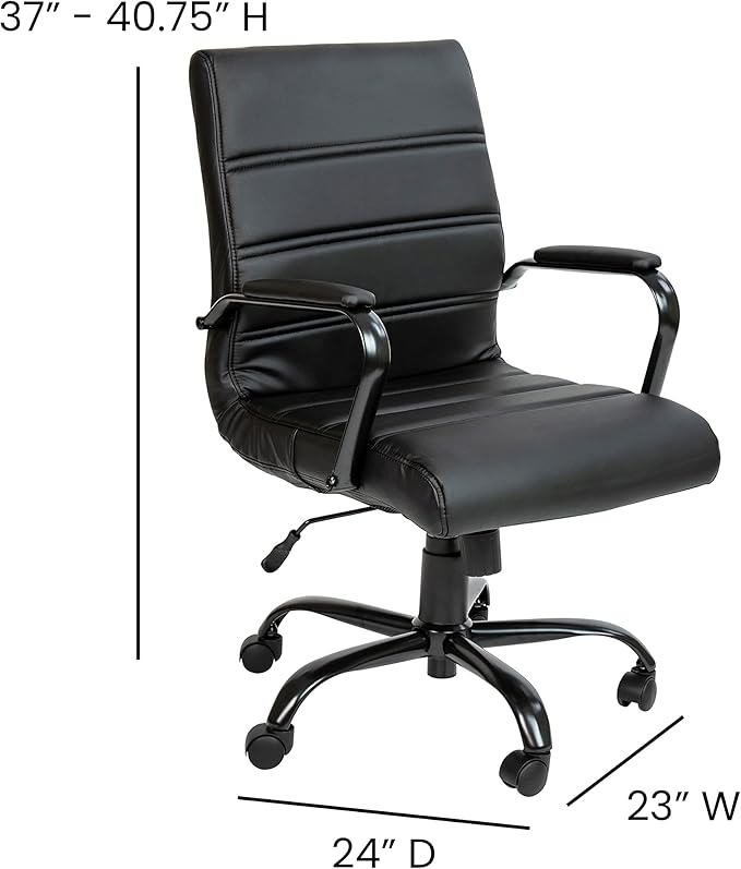 Flash Furniture Whitney Mid-Back Swivel LeatherSoft Desk Chair with Padded Seat and Armrests, Adjustable Height Padded Office Chair, Black