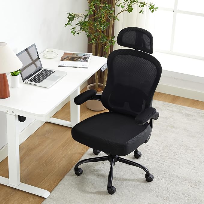 Ergonomic Office Chair,Ultra Thick Office Desk Chair with Adjustable Lumbar Support and Headrest,Spring Cushion,Rocking Function,Flip-up arms,Mesh Computer Chair for Home Office,Black