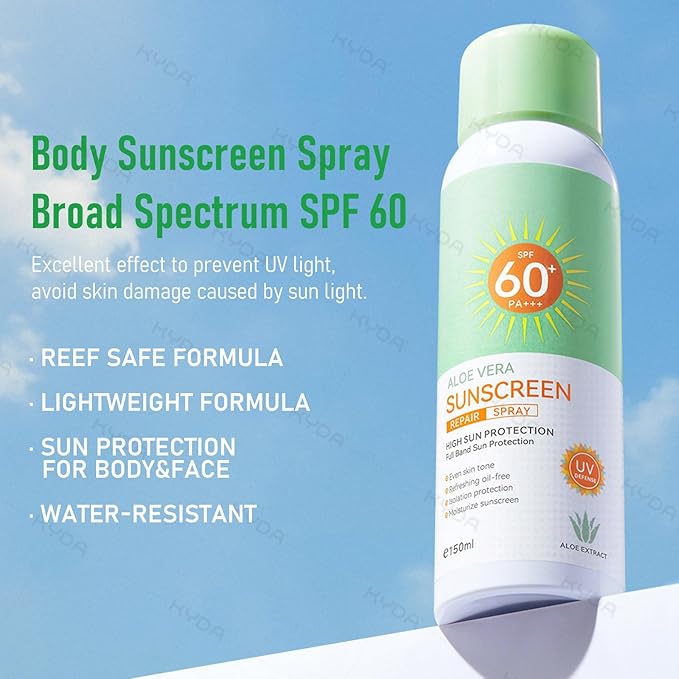 KYDA Aloe Sunscreen Spray SPF 60 PA+++, Moisturizing Suncreen with Skincare Formula, Water Resistant, Non-Greasy UV Protection for Face & Body, 5.07 fl oz