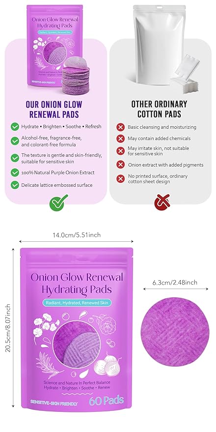 Toner Pads for Face with Onion PHA - 60 Count Travel Pores Glow Renewal Hydrating Pads Korean Skincare Daily Skin Radiant, Hydrated, Renewed | Multi-Functional Toner Fades Blemishes & Acne Scars