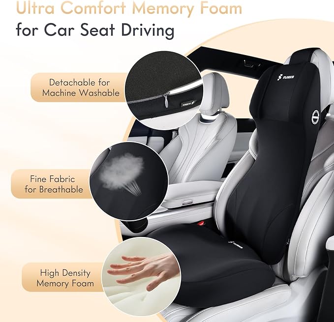 FLORICH Car Seat Cushion and Lumbar Support Headrest Pillow Memory Foam Ergonomic Car Cushion Back Neck Support Pillow Sciatica & Back & Tailbone Pain Relief Cushion for Car Seat Driving, Black