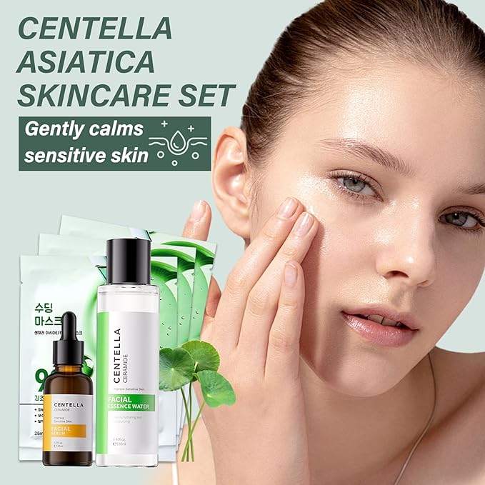 5PCS Centella Face Skin Care Set with Centella Serum,Toner and 3 face masks,Moisturizing Centella Toner Facial Kit,Hydrating Centella Kit Skin Care Gift Set,Nourishing Travel Size Skincare Set
