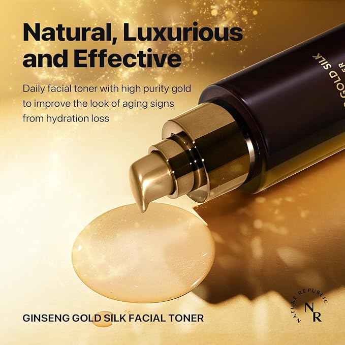 Nature Republic Ginseng Gold Silk Facial Toner, Hydrating Glow Toner, Niacinamide & Silk Amino Acid, Royal Jelly Extract, Korean Skin Care for All Skin Types 130 ml / 4.39 Fl. oz.