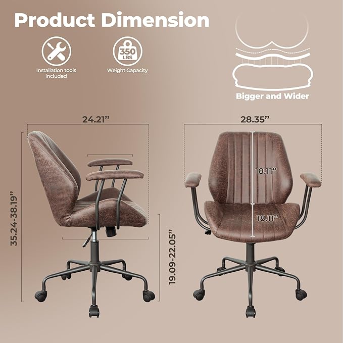 ovios Ergonomic Office Chair, Mid Back Faux Leather Executive Chairs with Armrests, Comfy Mid-Century Modern Swivel Rolling Computer Armchair (Dark Brown, Suede Leather)
