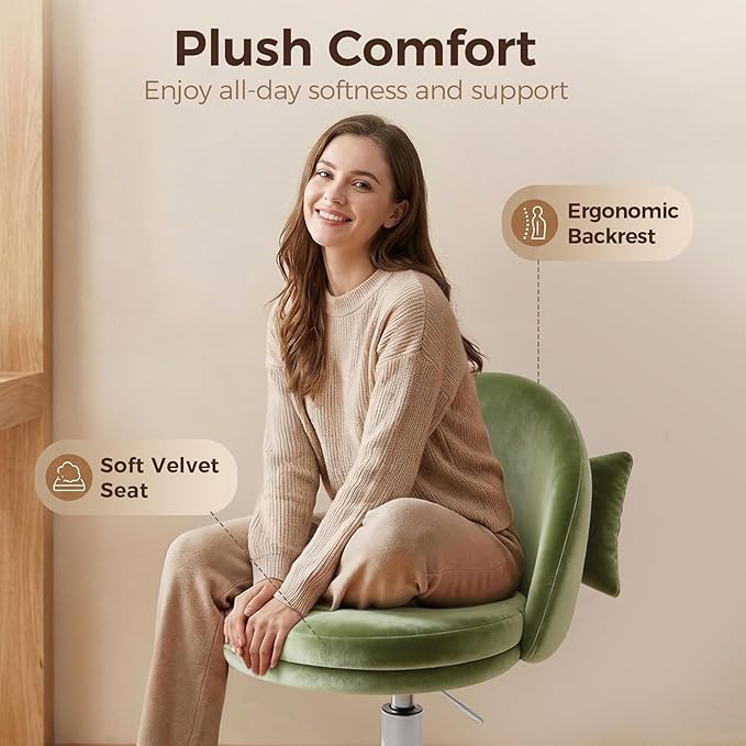 GTPOFFICE Vanity Chair with Back, Adjustable Tall Office Chair High Swivel Bar Stools Fluffy Cute Desk Chair Comfy with Wheels Bow Pillow Armlees for Adults Standing Desk Bar, Soft Velvet, Green