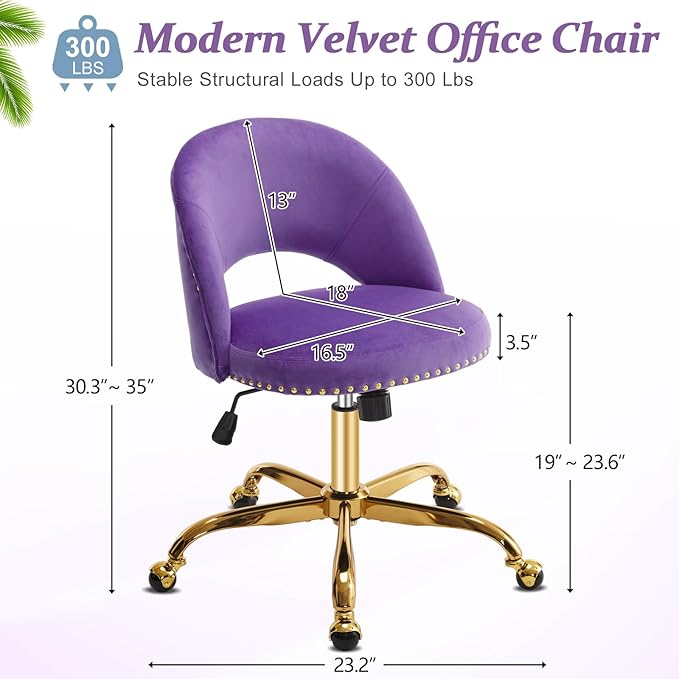 VINGLI Modern Velvet Small Office Chair,Cute Desk Chair with Wheels,Gold Base/Studs, Comfy Armless Swivel Vanity Task Chair for Women/Girl/Kids, Nail Tech Chair for Bedroom,Small Space,Violet Purple