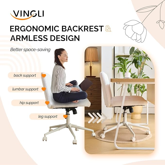 VINGLI Criss Cross Legged Chair,Wide Comfy Office Desk Chair,Dual-Use with/no Wheels Computer Task Chair,Swivel Armless Vanity Boucle Chair for Study,Make Up,Home Office,Teddy Fleece,White