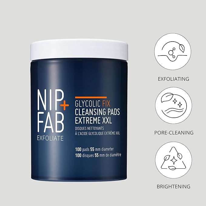 Nip + Fab Glycolic Fix Night Pads Extreme XXL (100 Count) – 5% Glycolic Acid Exfoliating Face Pads with Salicylic Acid – Resurfacing AHA BHA Chemical Peel for Blemishes & Texture