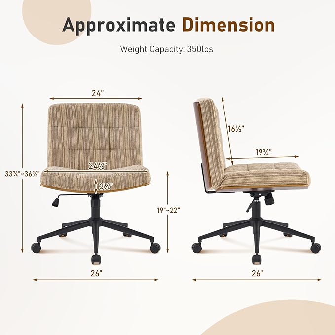 Furnimart Heavy-Duty Curved FSC Wood Desk Chair 360° Swivel, Premium Chenille Criss Cross Chair with Wheels Wide Seat, Comfy Armless Cross Legged Sitting for Bedroom, Office, Vanity (Light Brown)
