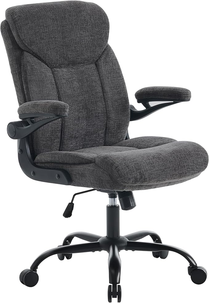 Home Office Ergonomic Desk Chair - Comfy Leather Executive Chair with Flip-Up Armrests, Lumbar Support, 360° Swivel & Rocking (Grey)
