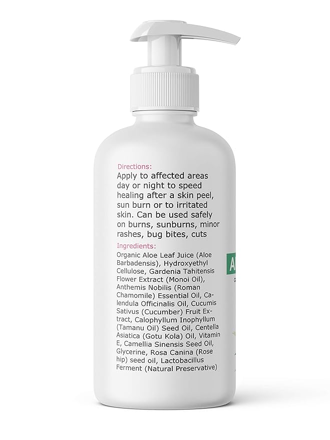 Rapid Recovery Aloe Vera Gel 4 oz with CICA, Chamomile | Cucumber Extract | Monoi Oil | Rosehip Oil | - Rapid relief for after skin peel, sun burn, itch | NON STICKY | HYDRATING | PARABEN FREE