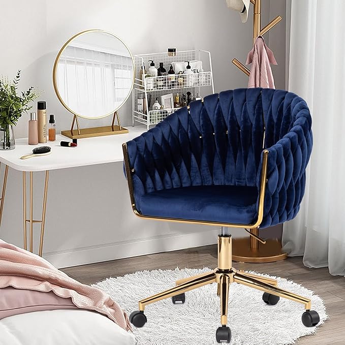 Velvet Office Chair with Back, Vanity Chairs with Wheels, 360° Swivel Velvet Home Office Desk Chair, Accent Chair Makeup Vanity Chair for Bedroom, Living Room(Blue)