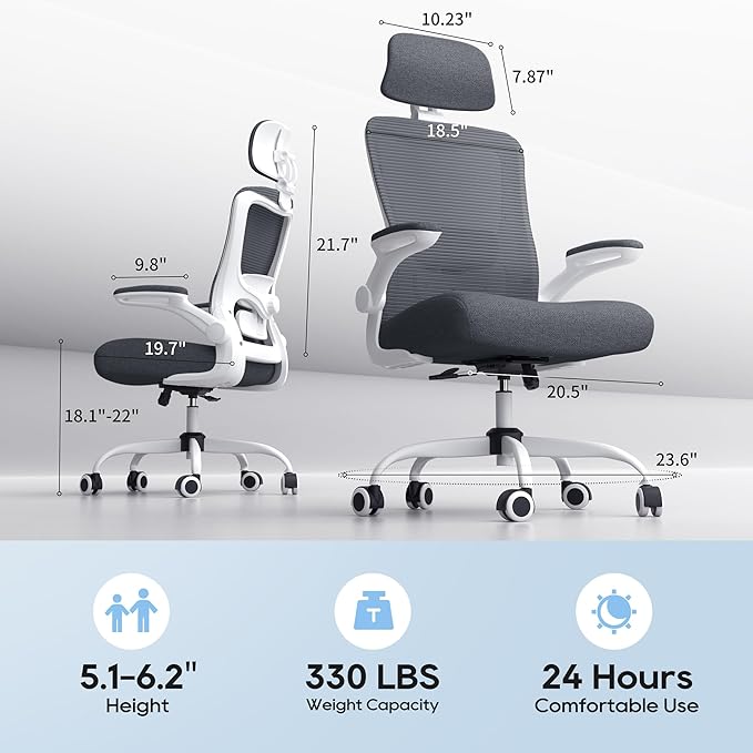 Ergonomic Office Chair, High Back Mesh Desk Chair with Adjustable Lumbar Support & Headrest, Flip-up Armrest, Computer Task Chairs for Home and Executive Office (W-Dgrey)