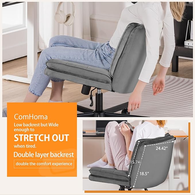 COMHOMA Cross Legged Office Chair with Wheels Armless-Office Desk Chair, Modern Vanity Computer Task Chairs for Home Bedroom, Comfortable Wide Seat for Lower Back Pain Relief, Soft Velvet, Gray