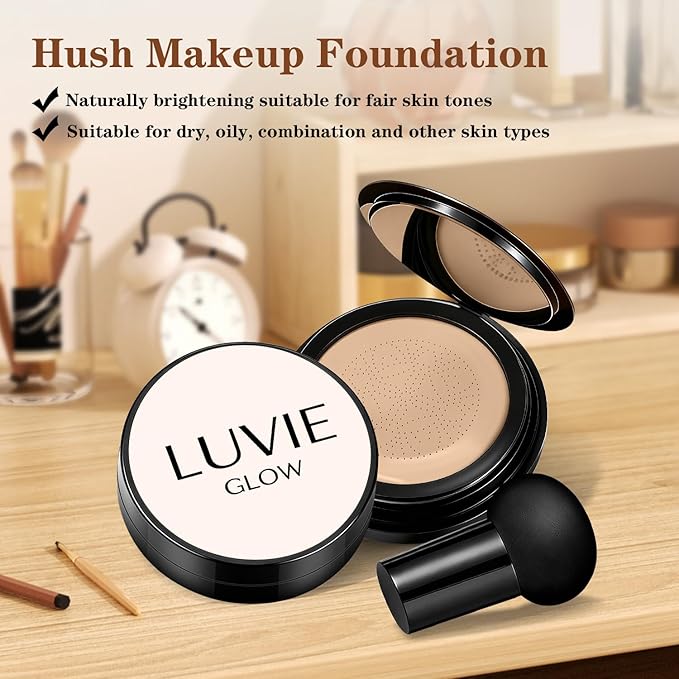 Cushion Foundation/Mushroom Head Air Cushion BB Cream/Long Lasting Hydrating Light Coverage for All Skin Types, Natural Color/Luvie (Natural)