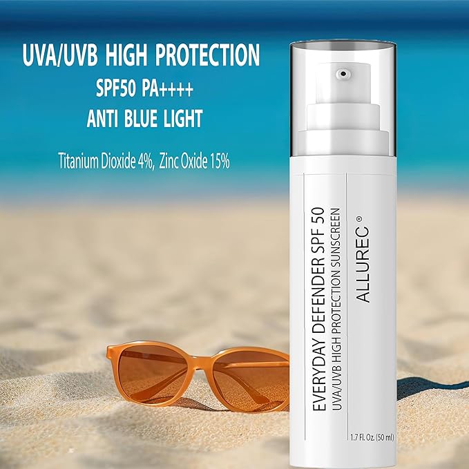 ALLUREC Tinted Mineral Sunscreen for Face SPF 50 PA++++ Broad-Spectrum UVA/UVB High Protection Facial Lotion Moisturizer with Titanium Dioxide & Zinc Oxide. Blur Pores Wrinkles Spots Instantly.