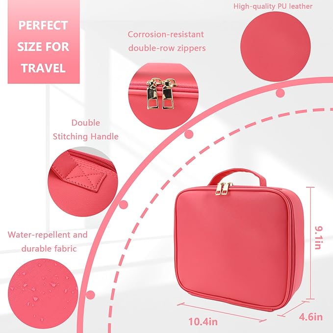 Makeup Bag with Led Mirror,Large Vanity Makeup Cases with 3 Color Setting,Portable Storage and Adjustable Dividers,for Women and Makeup Artists Cosmetic Organizer Travel Makeup Bag-Light Red