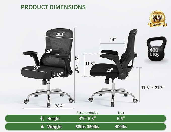 Office Chair Ergonomic Desk Chair Comfy: 400LBS Mesh Computer Chair Ergonomic Gaming Chairs with Wheels Adjustable Lumbar Support and Flip up Armrest-Swivel Executive Chairs Long Hours(Full Black)