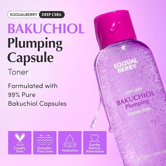 EQQUALBERRY Bakuchiol Plumping Capsule Toner - Natural Retinol Alternative Face Toner with Hyaluronic Acid - Anti-Aging, Soothing, Hydrating Korean Skincare for Sensitive Skin (150ml / 5.1 fl oz)