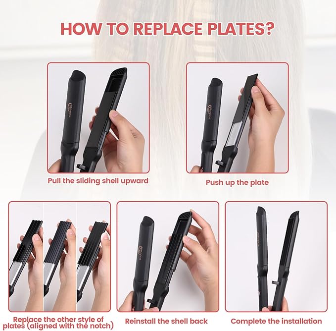 Hair Crimper for Women - Ceramic Waver Hair Tool with 4-in-1 Flat Crimping Iron Plates, 15s Fast Heating, Volumizing Hair Crimper, for All Hair Types - Black