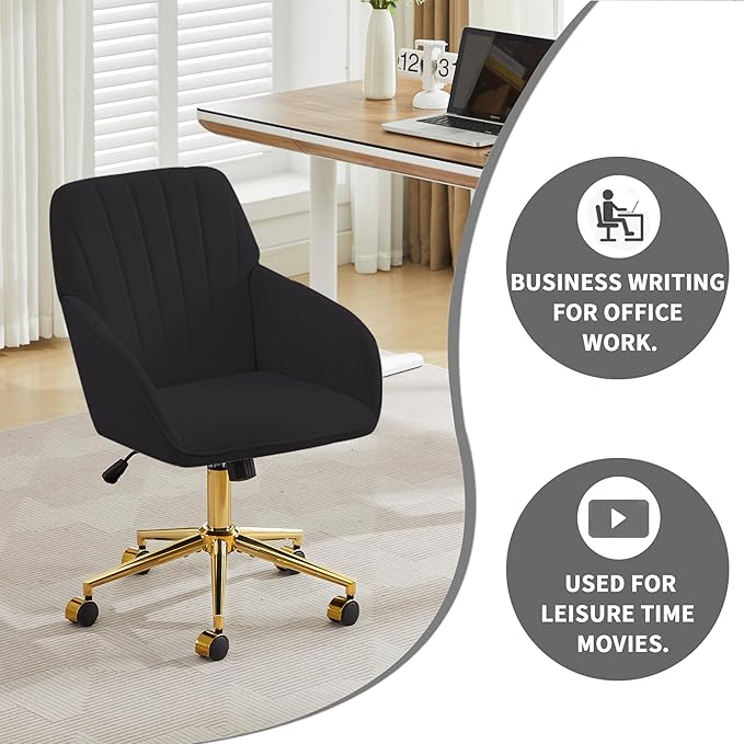 YITAI Velvet Office Desk Chair with Wheels and Gold Base,Modern Height Adjustable 360 Degree Swivel Upholstered Vanity Chairs with Arms for Living Room Bedroom, Study,Black