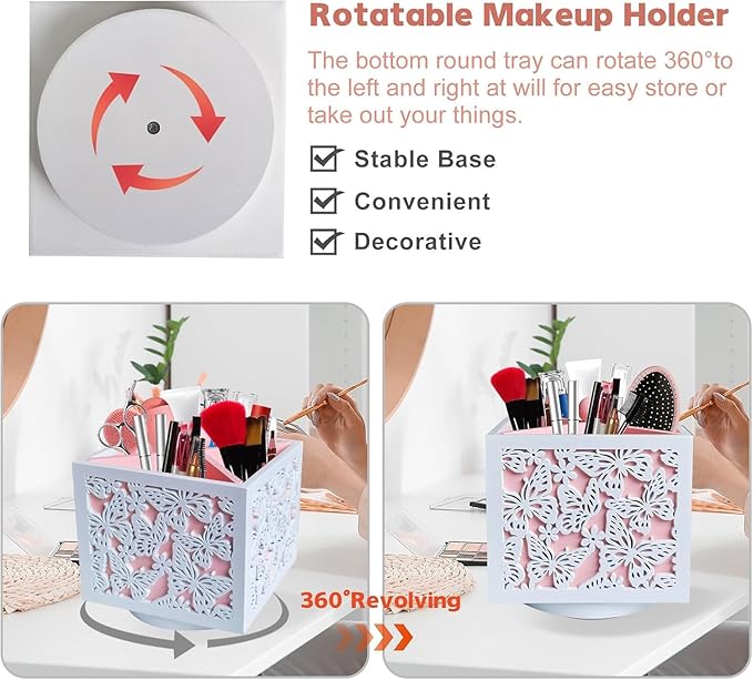 360 Rotating Makeup Brush Holder with Butterfly Cutout, Pink Makeup Brush Organizer for Vanity - 4 Compartment Spinning Wooden Desk Organizer for Pens, Lipsticks, Eyebrow Pencils