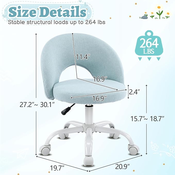 VINGLI Small Vanity Chair with Wheels for Girls.Cute Modern Adjustable Height Armless Office Desk Chair.360°Swivel Comfy Rolling Chair for Study, Make up Room,Small Space,Linen Light Blue