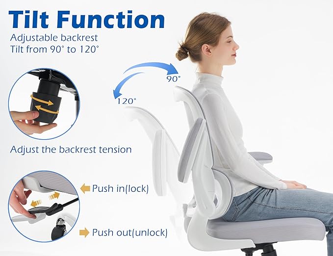 TRALT Ergonomic Office Chair - Desk Chair with Adjustable Lumbar Support Computer Chair - Mesh Comfy Chair with Flip-up Armrests - Gaming Chairs for Adults Home Office (Leather, Grey)